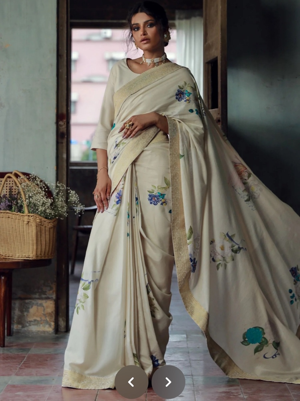Manto Elegant Cream Floral Saree with Gold Border -